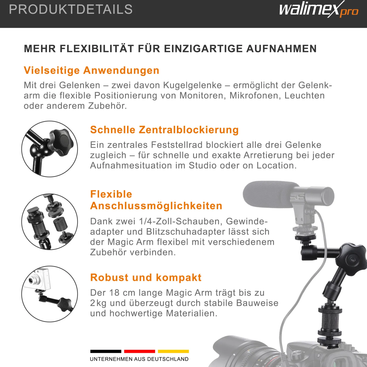 Walimex pro Magic Arm/Auslegearm - 180 x 70 x 39 mm - Tragfähigkeit 2 kg max - 2x 1/4 Zoll Schraube - DSLR-Gelenkarm, Auslegearm für Videostative, DSLR Rigs, Dollys und Aufnahmetische, Schwarz