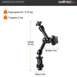 Walimex pro Magic Arm/Auslegearm - 180 x 70 x 39 mm - Tragfähigkeit 2 kg max - 2x 1/4 Zoll Schraube - DSLR-Gelenkarm, Auslegearm für Videostative, DSLR Rigs, Dollys und Aufnahmetische, Schwarz