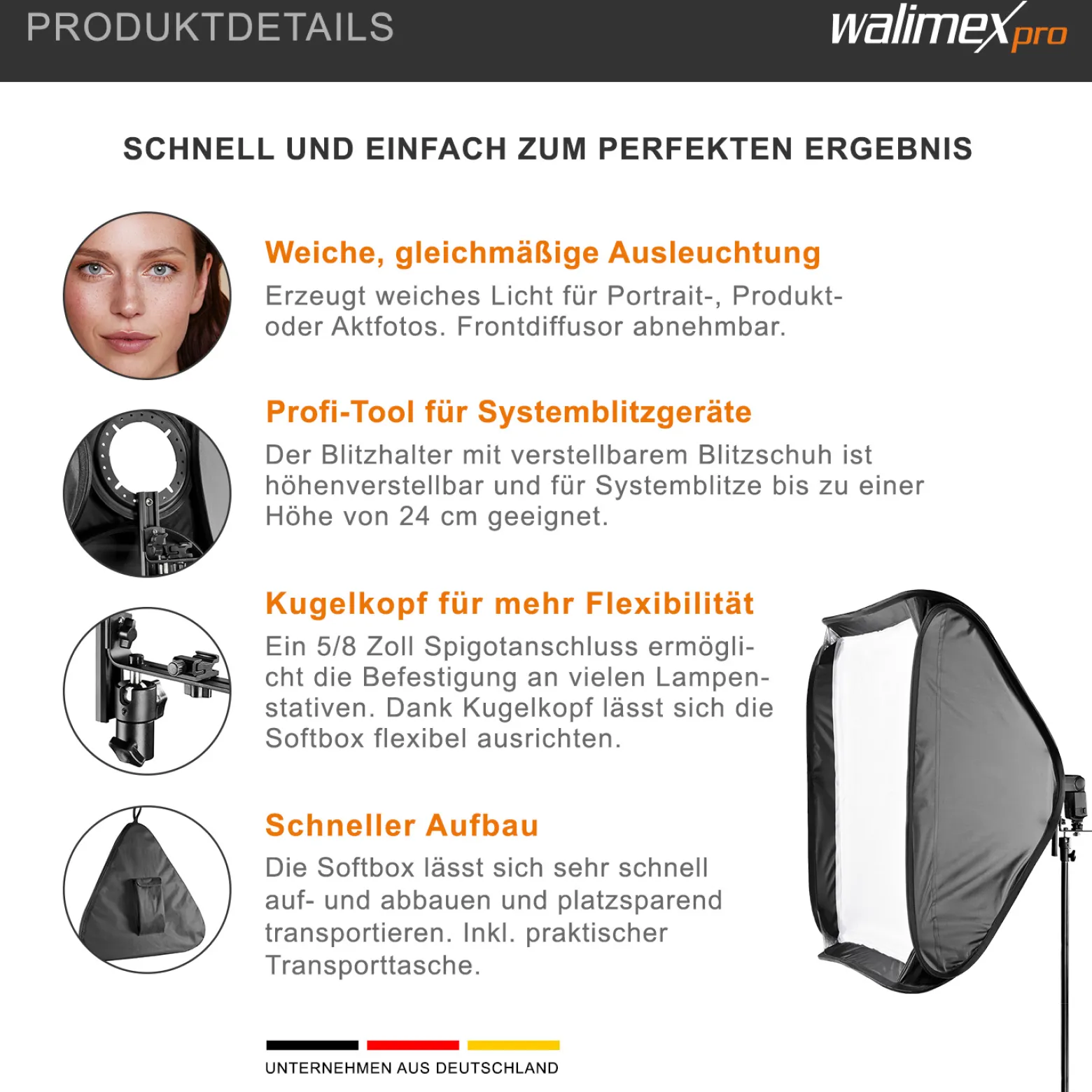 Walimex pro Magic Softbox 600 x 600 x 400 mm, Lichtformer um 360° drehbar, einfacher Aufbau, inkl. Frontdiffusor und Tasche, ideal für Kompaktblitze, Produkt- und Peoplefotografie