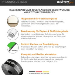 Walimex pro Magnet-Beschwerungsband Magnetband 2,7 m, Magnetstreifen zur Beschwerung von Papier Hintergrund und Hintergrundstoff für Fotostudio