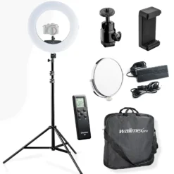 Walimex pro Medow 960 Pro LED-Ringlicht inkl. Stativ, Ringleuchte Bi-Color 3200-5500 K, dimmbare Videoleuchte mit Fernbedienung 96 W, Lampenstativ mit Federdämpfung