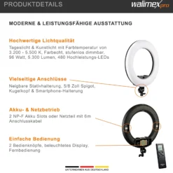 Walimex pro Medow 960 Pro LED-Ringlicht, Ringleuchte Bi-Color 3200-5500 K, dimmbare Videoleuchte mit Fernbedienung 96 W, kompatibel mit verschiedenen Lampenstativen