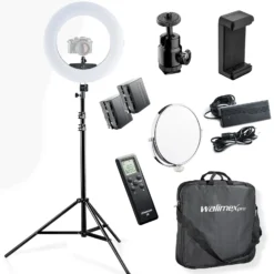 Walimex pro Medow 960 Pro LED-Ringlicht Set inkl. Stativ & NP-F Akkus, Bi-Color Ringleuchte, dimmbare Videoleuchte mit Fernbedienung 96 W, Lampenstativ mit Federdämpfung