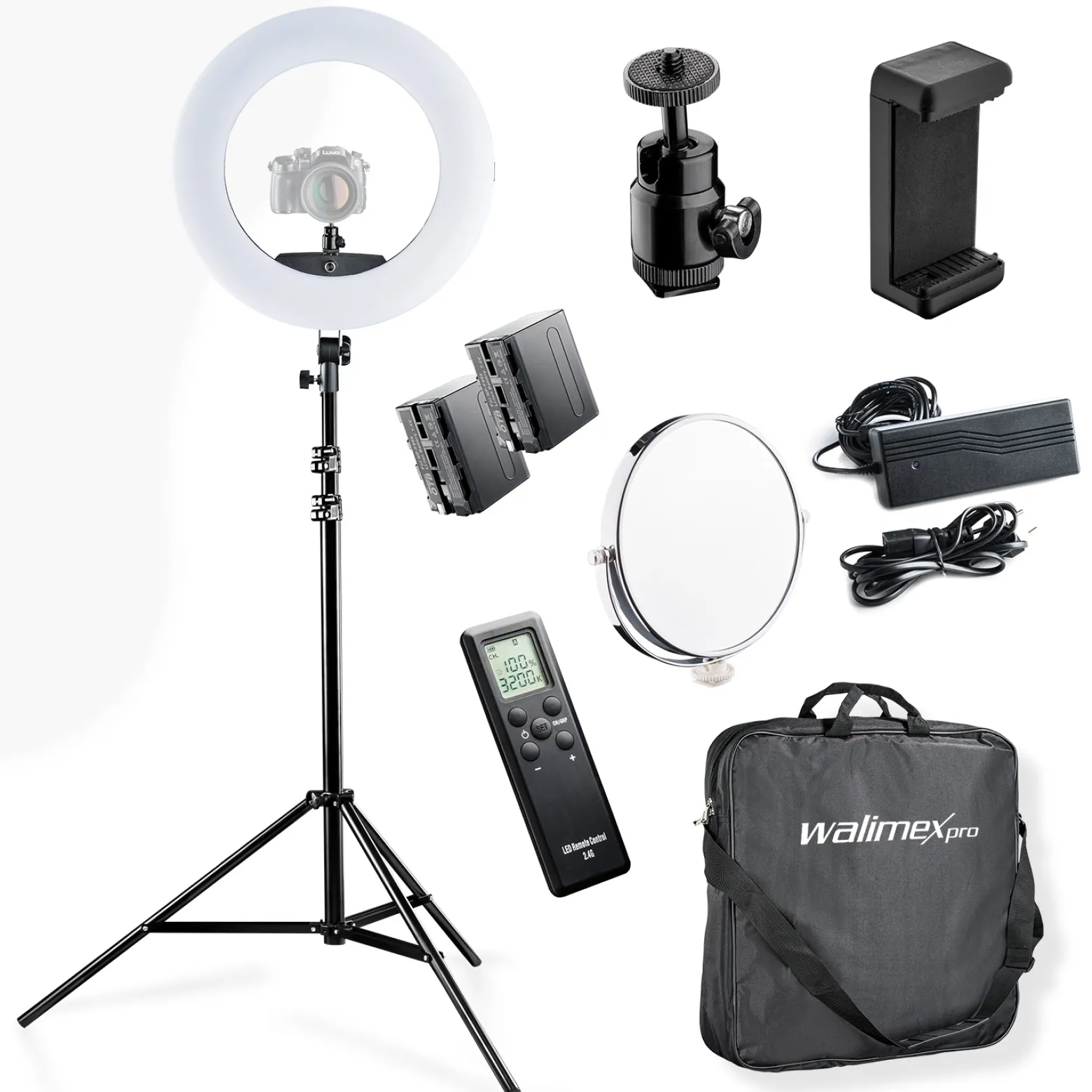 Walimex pro Medow 960 Pro LED-Ringlicht Set inkl. Stativ & NP-F Akkus, Bi-Color Ringleuchte, dimmbare Videoleuchte mit Fernbedienung 96 W, Lampenstativ mit Federdämpfung