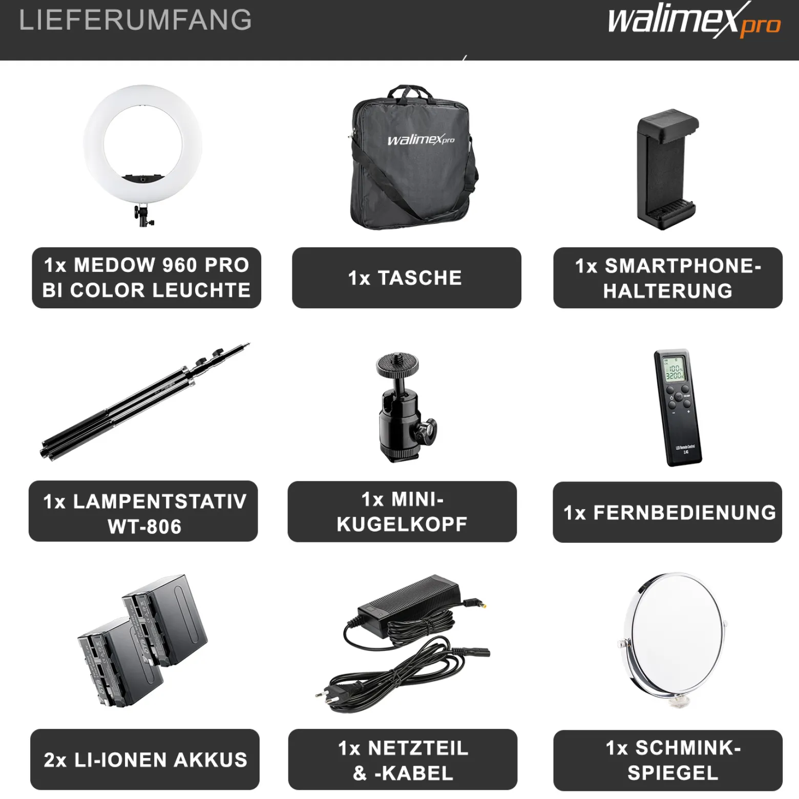 Walimex pro Medow 960 Pro LED-Ringlicht Set inkl. Stativ & NP-F Akkus, Bi-Color Ringleuchte, dimmbare Videoleuchte mit Fernbedienung 96 W, Lampenstativ mit Federdämpfung