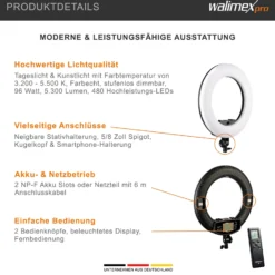 Walimex pro Medow 960 Pro LED-Ringlicht Set inkl. Stativ & NP-F Akkus, Bi-Color Ringleuchte, dimmbare Videoleuchte mit Fernbedienung 96 W, Lampenstativ mit Federdämpfung