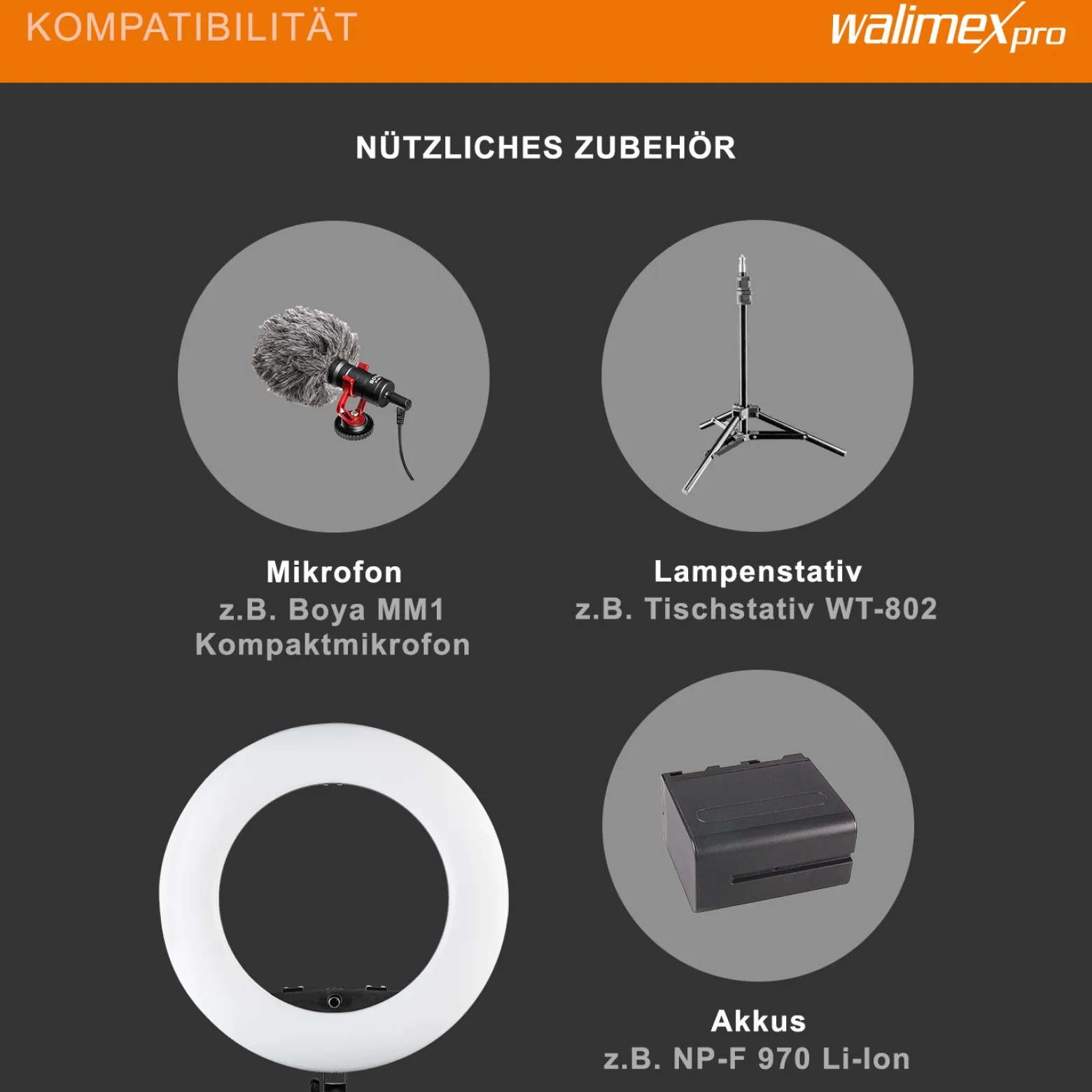 Walimex pro Medow 960 Pro LED-Ringlicht Set inkl. Stativ & NP-F Akkus, Bi-Color Ringleuchte, dimmbare Videoleuchte mit Fernbedienung 96 W, Lampenstativ mit Federdämpfung