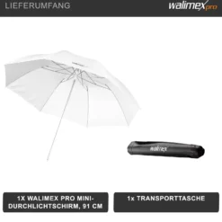 Walimex pro Mini Durchlichtschirm 91 cm Durchmesser, Fotoschirm faltbar auf 40 cm inkl. Transporttasche, Lichtformer für weiche Lichtcharakteristik, Studioschirm für Fotostudio