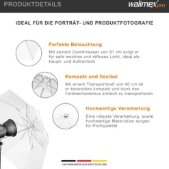 Walimex pro Mini Durchlichtschirm 91 cm Durchmesser, Fotoschirm faltbar auf 40 cm inkl. Transporttasche, Lichtformer für weiche Lichtcharakteristik, Studioschirm für Fotostudio