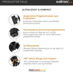 Walimex pro Mini Kugelkopf Double Shoe mit 2x Blitzschuh, 1/4 Zoll Anschluss, belastbar bis 5 kg, Stativkopf 360° drehbar & 180° schwenkbar, Kamera Equipment für Kameras, LED Licht, Smartphone