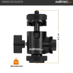 Walimex pro Mini Kugelkopf Double Shoe mit 2x Blitzschuh, 1/4 Zoll Anschluss, belastbar bis 5 kg, Stativkopf 360° drehbar & 180° schwenkbar, Kamera Equipment für Kameras, LED Licht, Smartphone