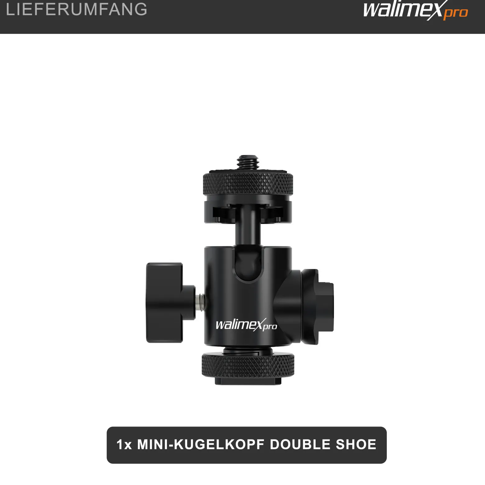 Walimex pro Mini Kugelkopf Double Shoe mit 2x Blitzschuh, 1/4 Zoll Anschluss, belastbar bis 5 kg, Stativkopf 360° drehbar & 180° schwenkbar, Kamera Equipment für Kameras, LED Licht, Smartphone