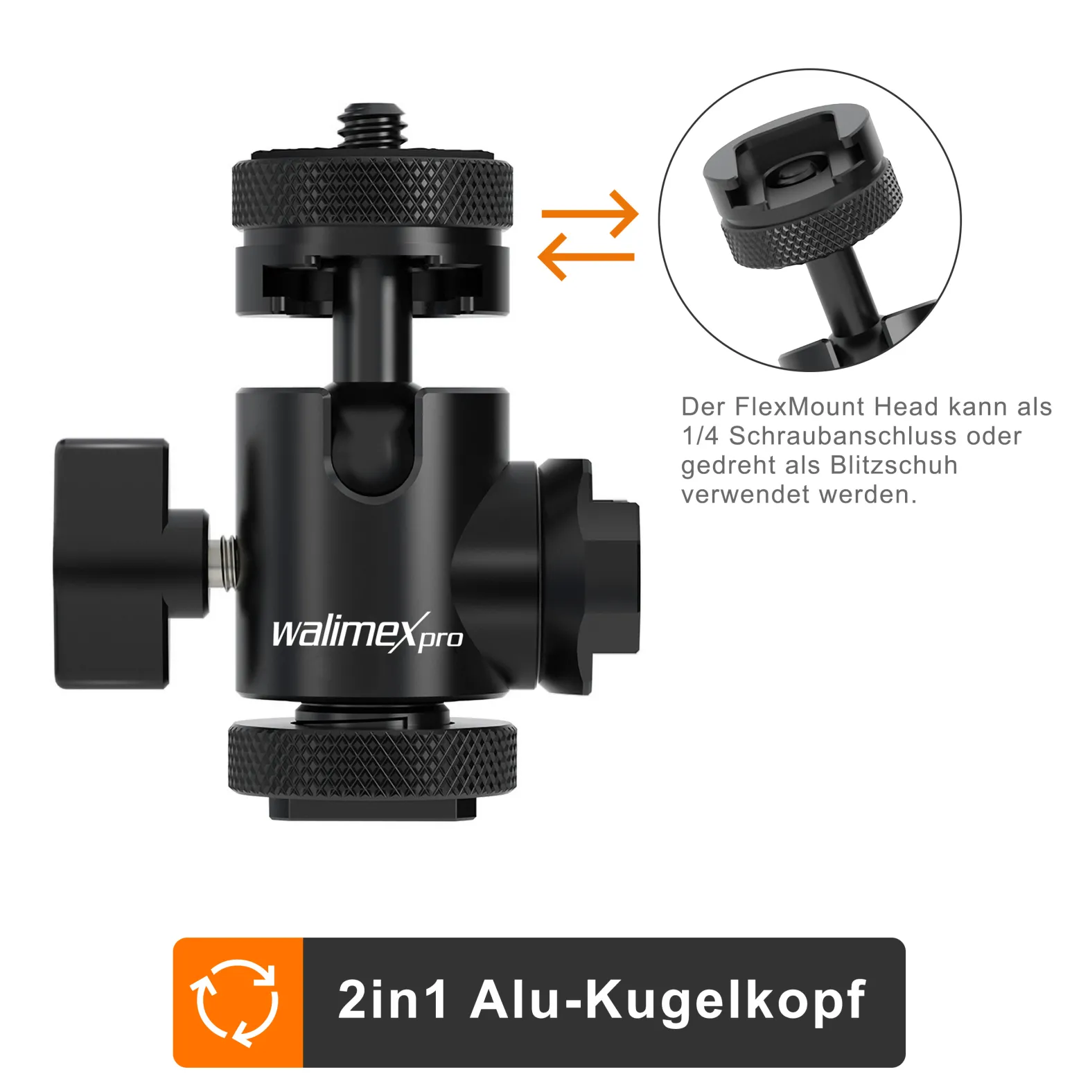 Walimex pro Mini Kugelkopf Double Shoe mit 2x Blitzschuh, 1/4 Zoll Anschluss, belastbar bis 5 kg, Stativkopf 360° drehbar & 180° schwenkbar, Kamera Equipment für Kameras, LED Licht, Smartphone