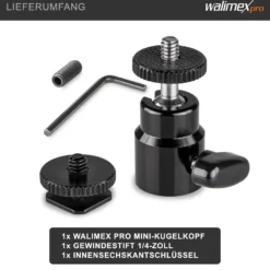 Walimex pro Mini Kugelkopf mit 1/4 Blitzschuhadapter belastbar bis 1,5 kg, Stativkopf 360° drehbar & 90° schwenkbar, Kamera Equipment für Kameras, LED Licht, Smartphone