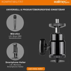 Walimex pro Mini Kugelkopf mit 1/4 Blitzschuhadapter belastbar bis 1,5 kg, Stativkopf 360° drehbar & 90° schwenkbar, Kamera Equipment für Kameras, LED Licht, Smartphone