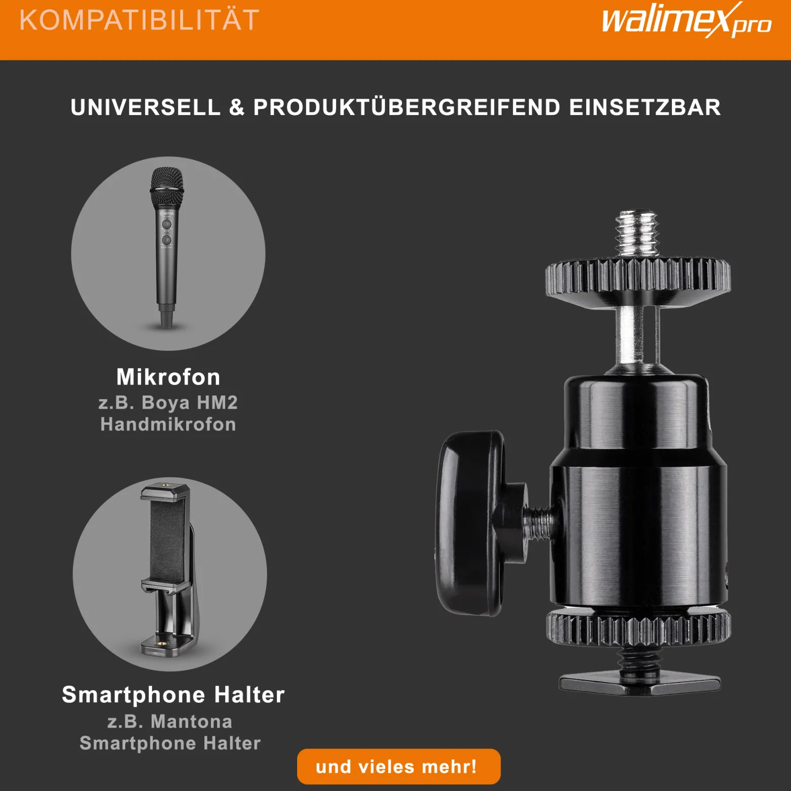 Walimex pro Mini Kugelkopf mit 1/4 Blitzschuhadapter belastbar bis 1,5 kg, Stativkopf 360° drehbar & 90° schwenkbar, Kamera Equipment für Kameras, LED Licht, Smartphone