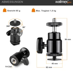 Walimex pro Mini Kugelkopf mit 1/4 Blitzschuhadapter belastbar bis 1,5 kg, Stativkopf 360° drehbar & 90° schwenkbar, Kamera Equipment für Kameras, LED Licht, Smartphone
