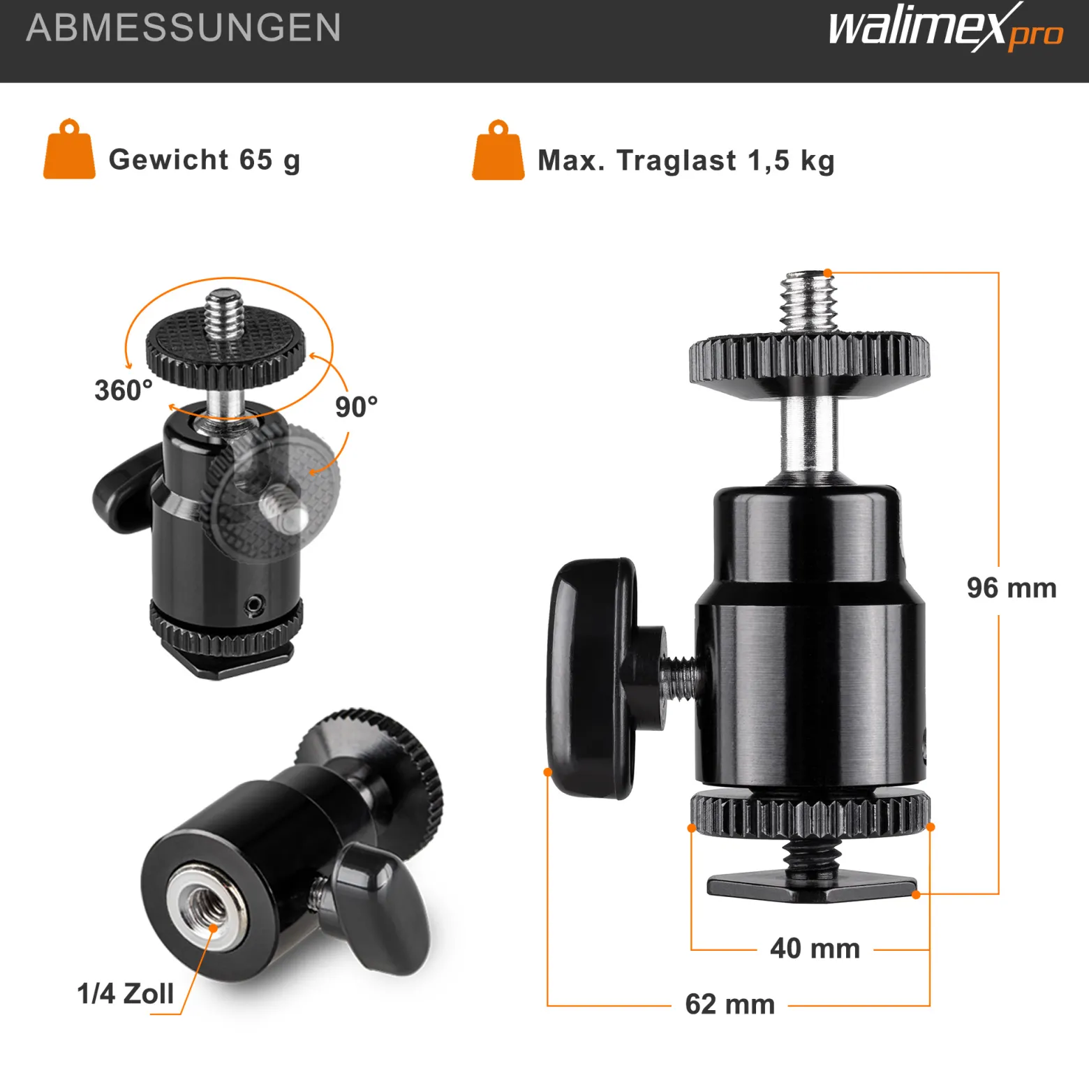 Walimex pro Mini Kugelkopf mit 1/4 Blitzschuhadapter belastbar bis 1,5 kg, Stativkopf 360° drehbar & 90° schwenkbar, Kamera Equipment für Kameras, LED Licht, Smartphone