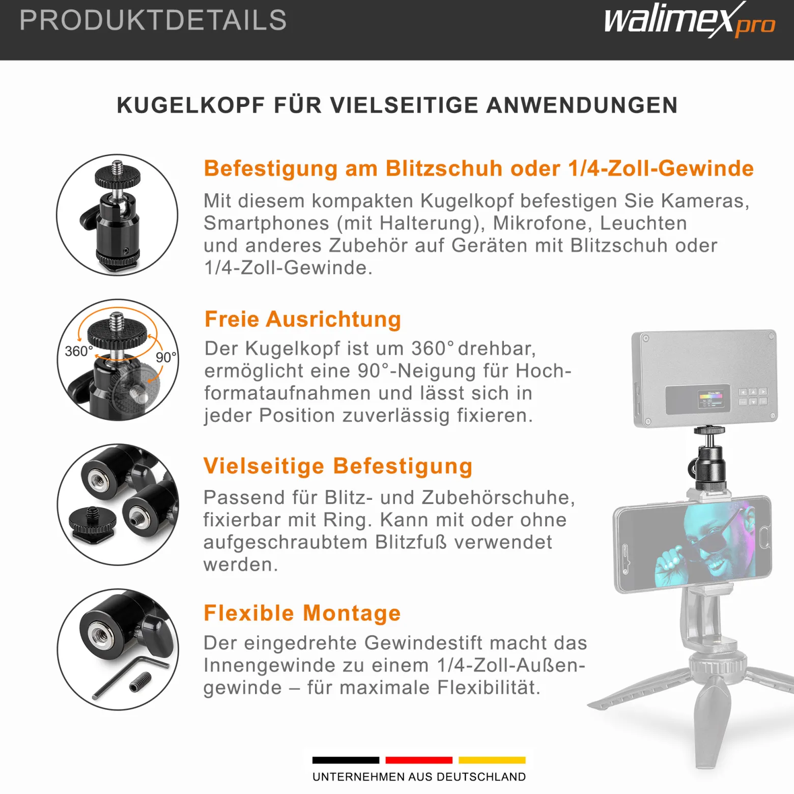 Walimex pro Mini Kugelkopf mit 1/4 Blitzschuhadapter belastbar bis 1,5 kg, Stativkopf 360° drehbar & 90° schwenkbar, Kamera Equipment für Kameras, LED Licht, Smartphone
