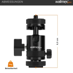 Walimex pro Mini Kugelkopf Single Shoe mit Blitzschuh, 1/4 Zoll Anschluss, belastbar bis 5 kg, Stativkopf 360° drehbar & 180° schwenkbar, Kamera Equipment für Kameras, LED Licht, Smartphone