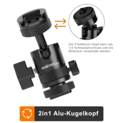 Walimex pro Mini Kugelkopf Single Shoe mit Blitzschuh, 1/4 Zoll Anschluss, belastbar bis 5 kg, Stativkopf 360° drehbar & 180° schwenkbar, Kamera Equipment für Kameras, LED Licht, Smartphone