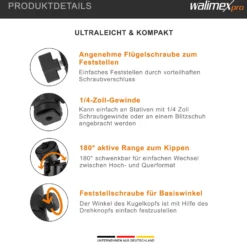 Walimex pro Mini Kugelkopf Single Shoe mit Blitzschuh, 1/4 Zoll Anschluss, belastbar bis 5 kg, Stativkopf 360° drehbar & 180° schwenkbar, Kamera Equipment für Kameras, LED Licht, Smartphone