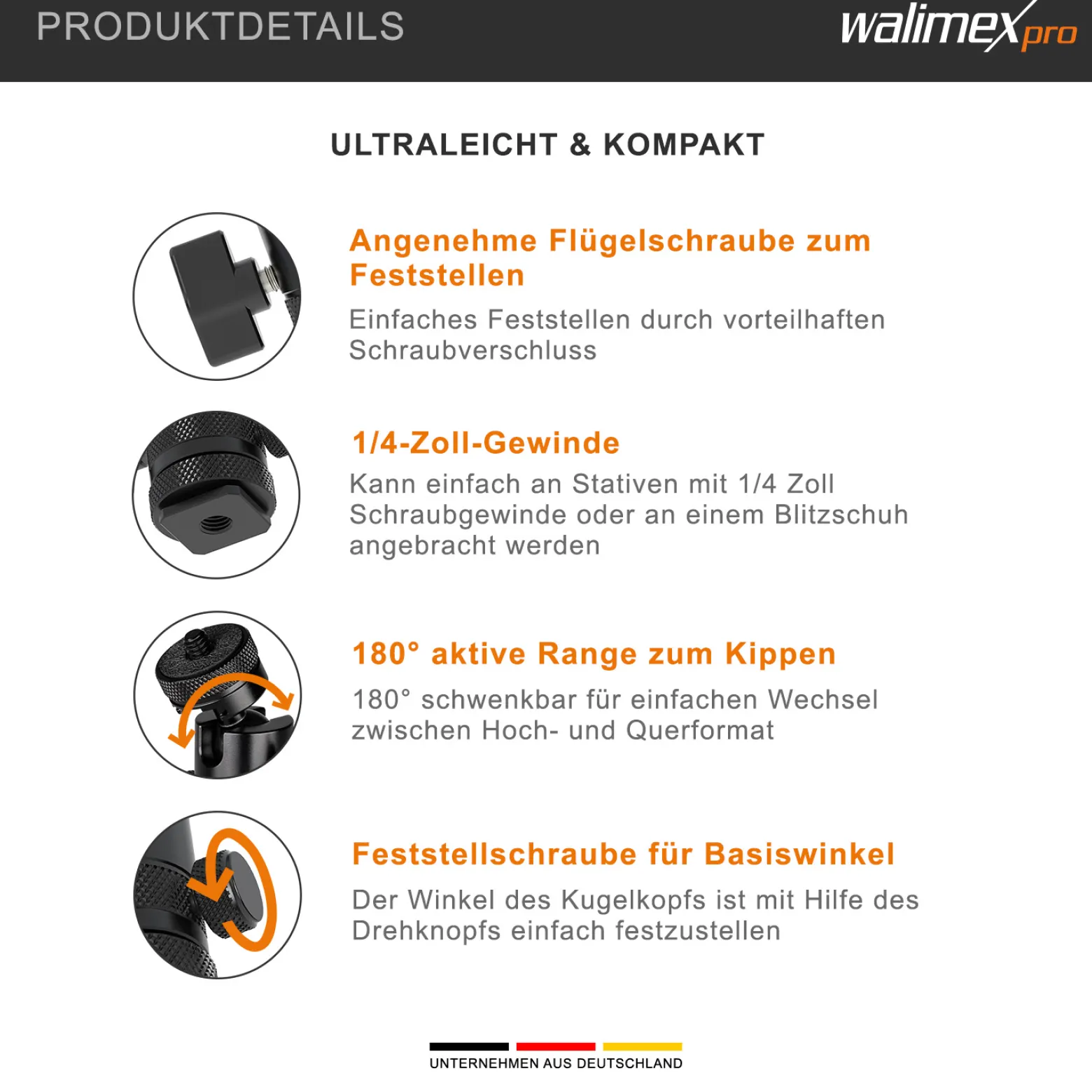 Walimex pro Mini Kugelkopf Single Shoe mit Blitzschuh, 1/4 Zoll Anschluss, belastbar bis 5 kg, Stativkopf 360° drehbar & 180° schwenkbar, Kamera Equipment für Kameras, LED Licht, Smartphone