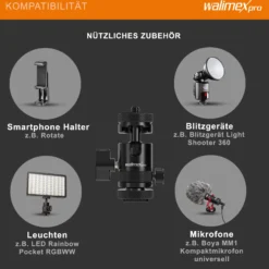 Walimex pro Mini Kugelkopf Single Shoe mit Blitzschuh, 1/4 Zoll Anschluss, belastbar bis 5 kg, Stativkopf 360° drehbar & 180° schwenkbar, Kamera Equipment für Kameras, LED Licht, Smartphone