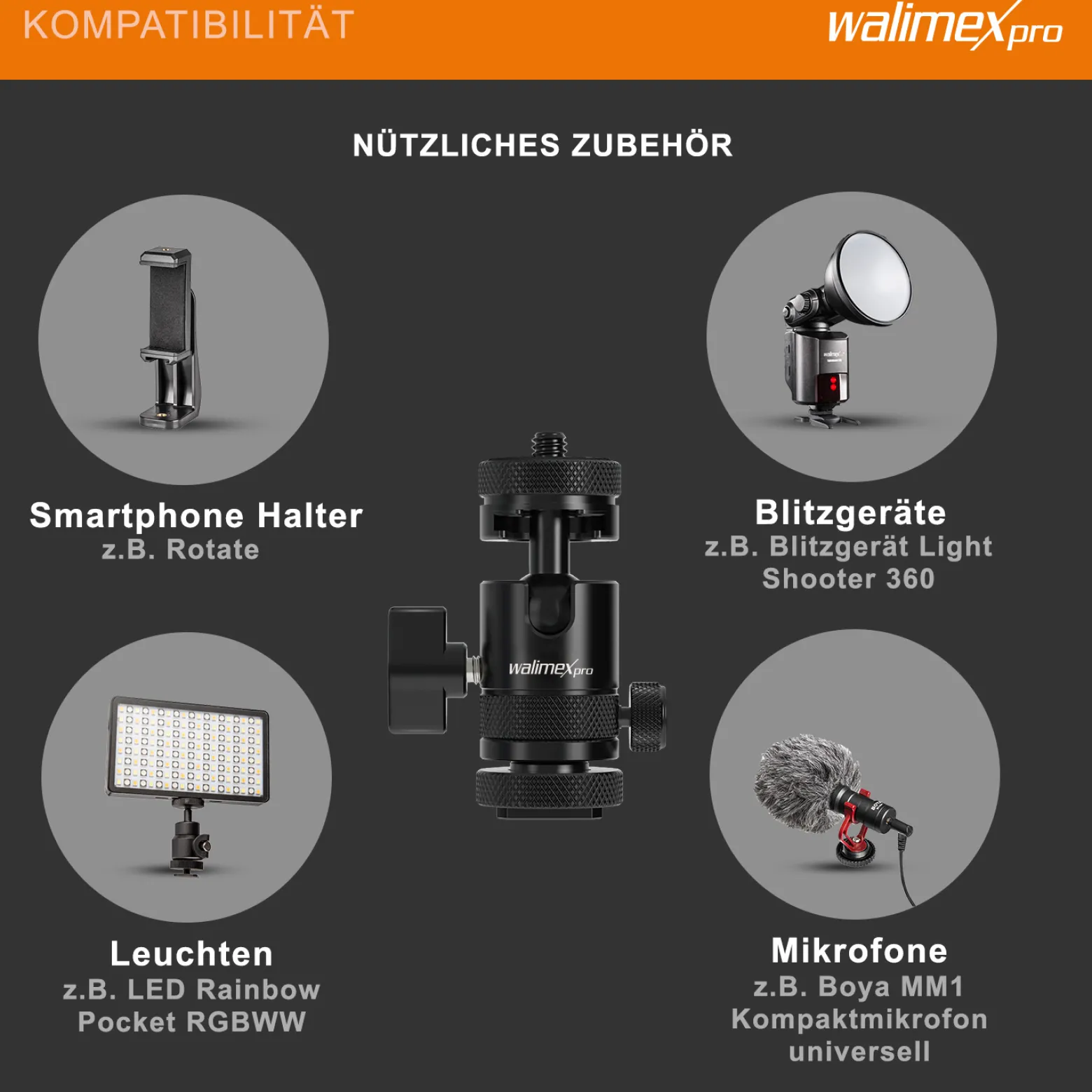 Walimex pro Mini Kugelkopf Single Shoe mit Blitzschuh, 1/4 Zoll Anschluss, belastbar bis 5 kg, Stativkopf 360° drehbar & 180° schwenkbar, Kamera Equipment für Kameras, LED Licht, Smartphone