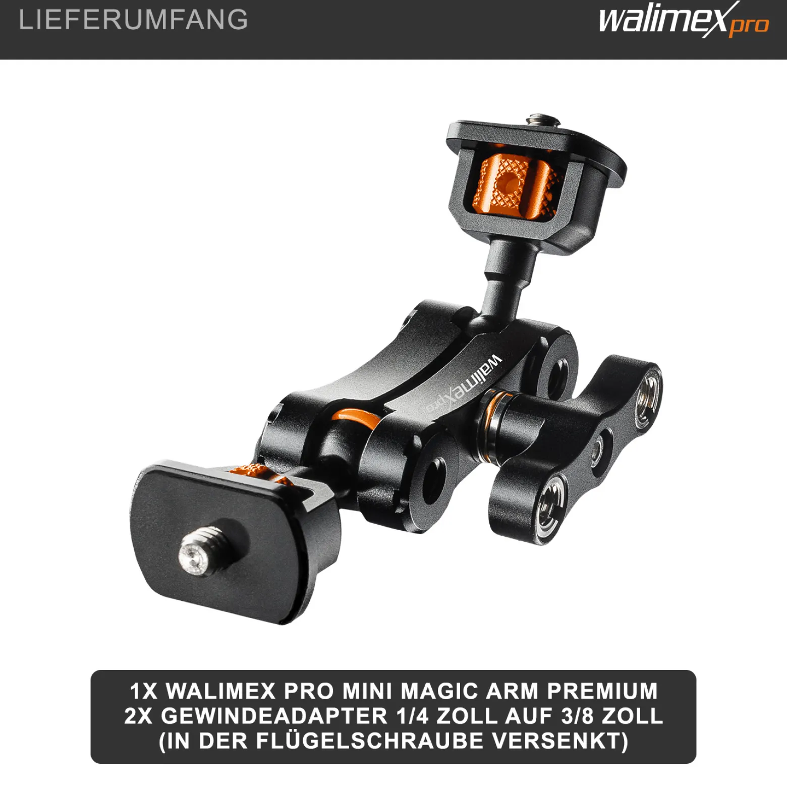 Walimex pro Mini Magic Arm Premium - 124 x 100 x 20 mm - Tragfähigkeit 3 kg max. - mit 1/4 und 3/8 Zoll Kugel Gewinden und Adapter - Kamerazubehör für Cages Rigs Dollys