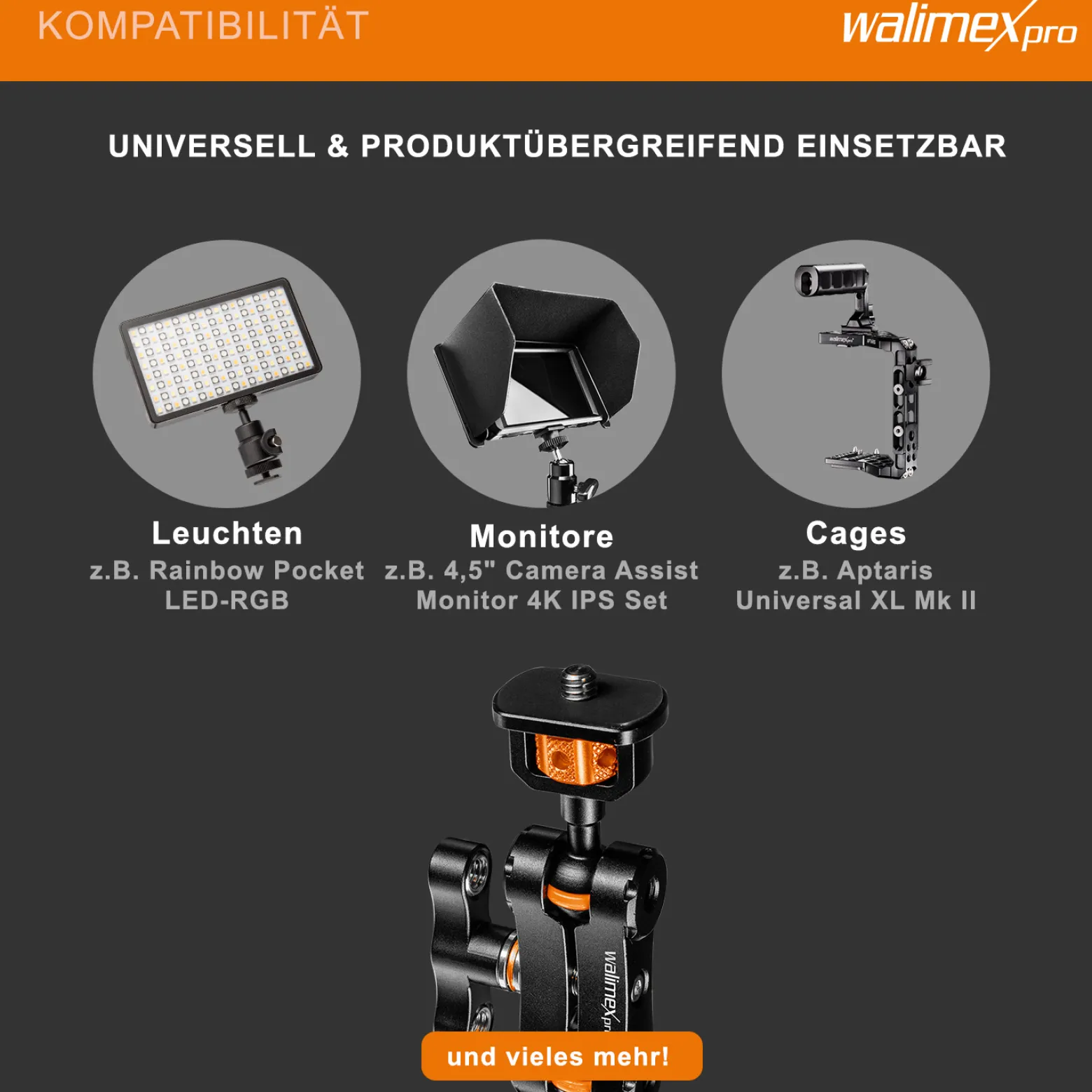 Walimex pro Mini Magic Arm Premium - 124 x 100 x 20 mm - Tragfähigkeit 3 kg max. - mit 1/4 und 3/8 Zoll Kugel Gewinden und Adapter - Kamerazubehör für Cages Rigs Dollys