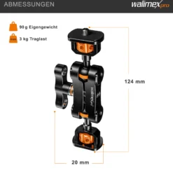Walimex pro Mini Magic Arm Premium - 124 x 100 x 20 mm - Tragfähigkeit 3 kg max. - mit 1/4 und 3/8 Zoll Kugel Gewinden und Adapter - Kamerazubehör für Cages Rigs Dollys