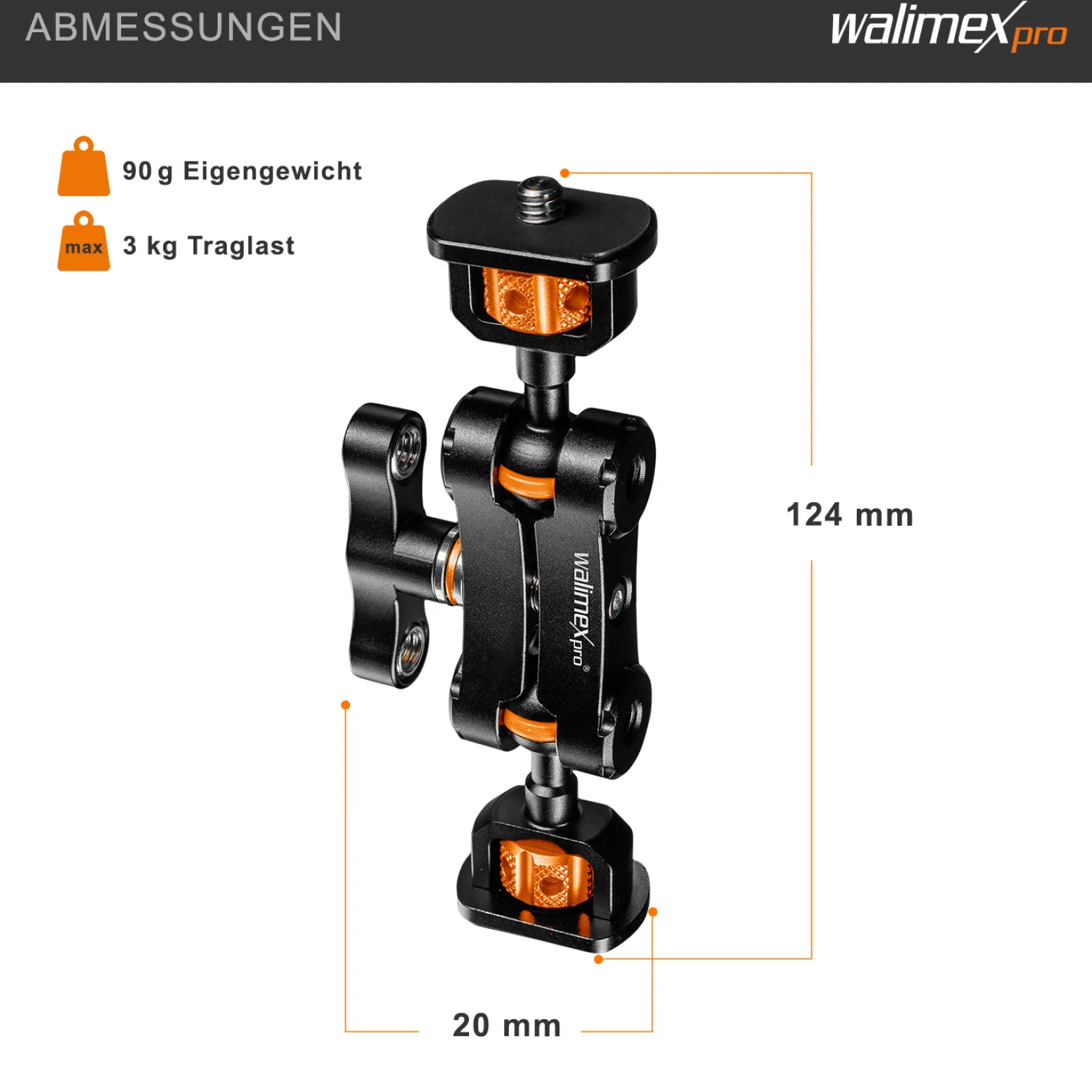 Walimex pro Mini Magic Arm Premium - 124 x 100 x 20 mm - Tragfähigkeit 3 kg max. - mit 1/4 und 3/8 Zoll Kugel Gewinden und Adapter - Kamerazubehör für Cages Rigs Dollys