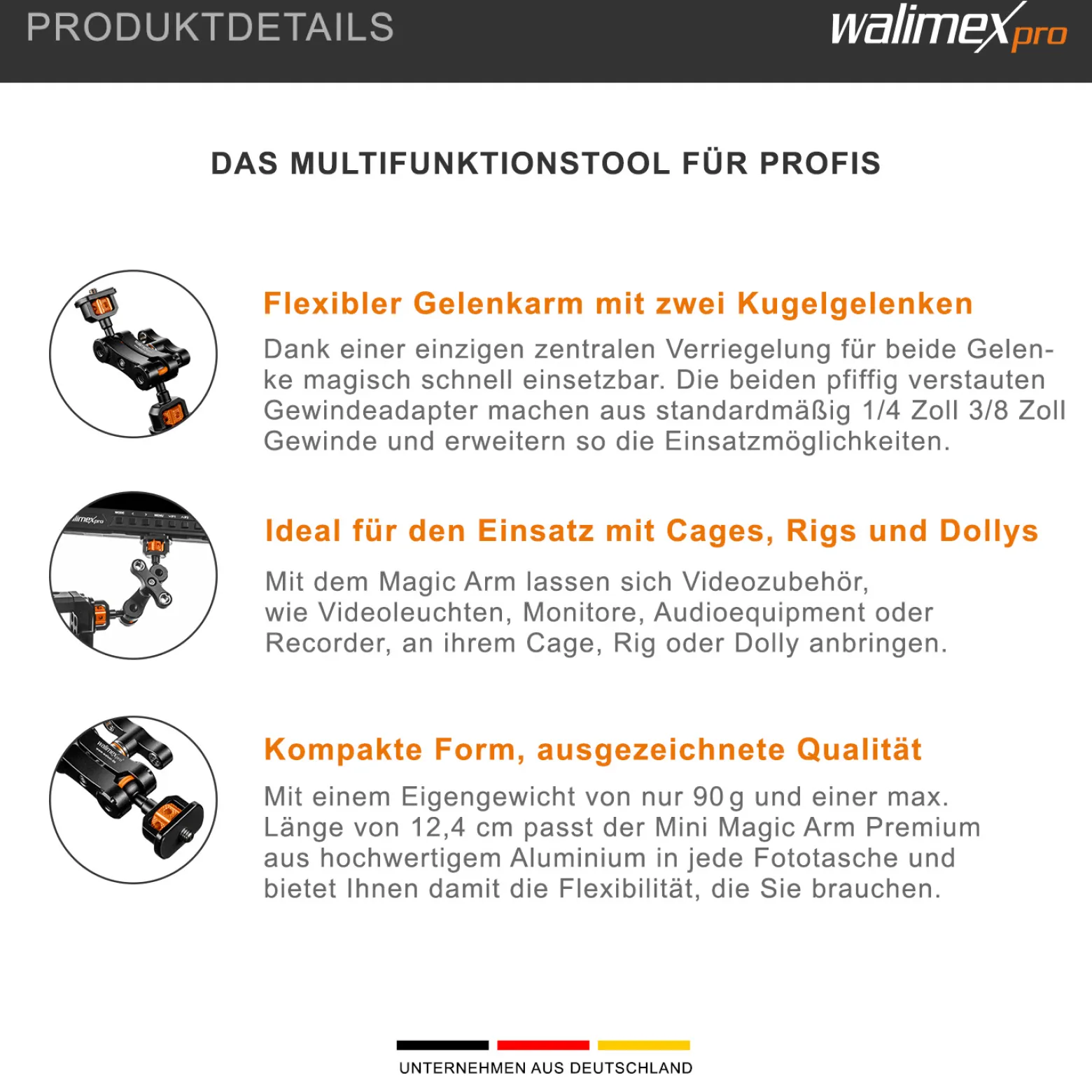 Walimex pro Mini Magic Arm Premium - 124 x 100 x 20 mm - Tragfähigkeit 3 kg max. - mit 1/4 und 3/8 Zoll Kugel Gewinden und Adapter - Kamerazubehör für Cages Rigs Dollys