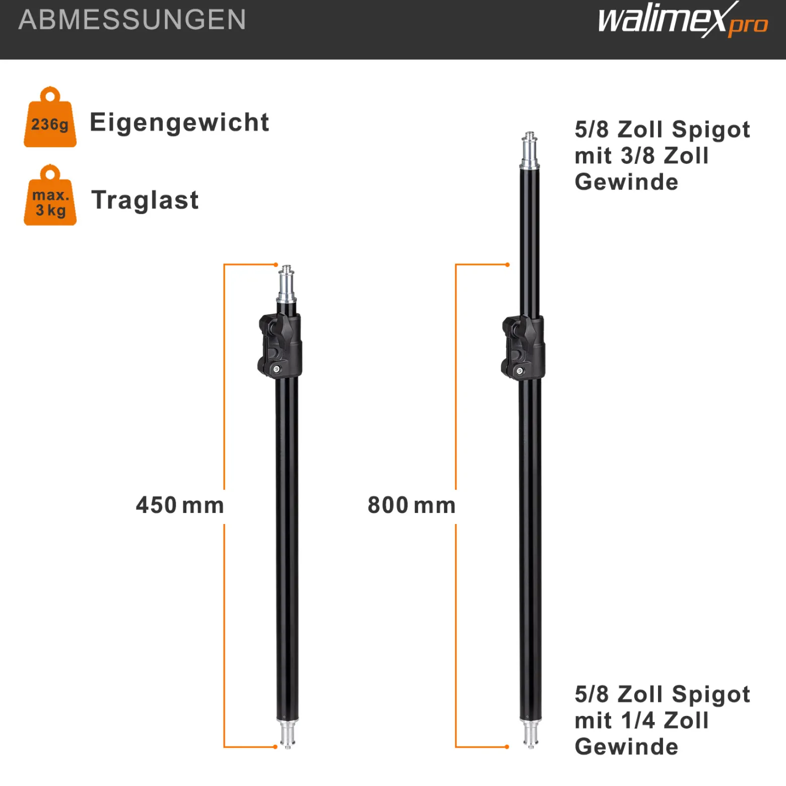 Walimex pro Mittelsäule LSM 45 für Fotostativ Kamerastativ - 49 x 70 x 22 mm / Tragkraft 3 kg / Ø Segmente 19/22 mm - Foto Video Zubehör Dreibein Einbein