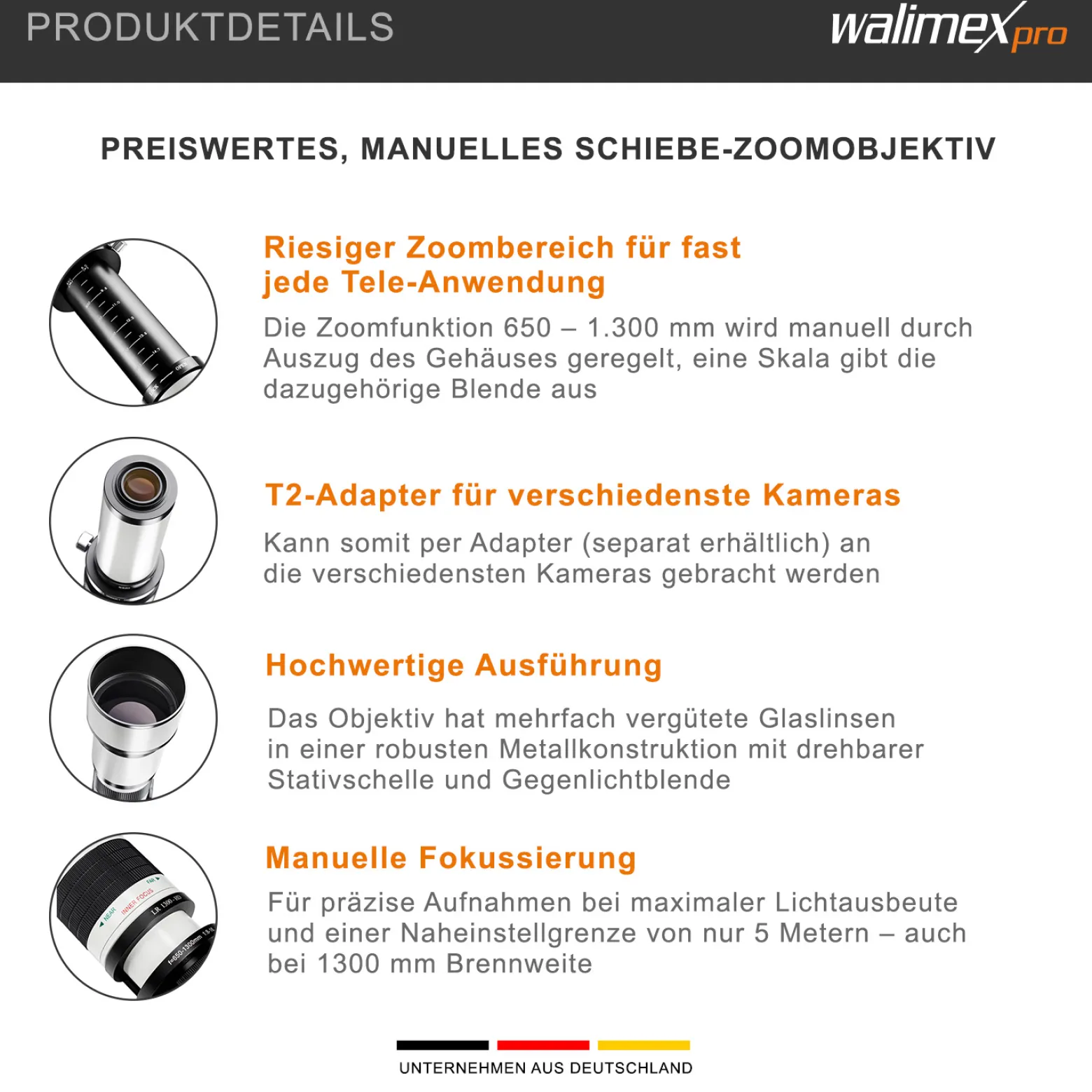 Walimex pro 650-1300mm 1:8-16 CSC Teleobjektiv für T2 - Manueller Fokus, Zoom-Teleobjektiv für Vollformat & APS-C Sensor, Ganzmetallfassung, inkl. Aufbewahrungstasche & Objektivdeckeln