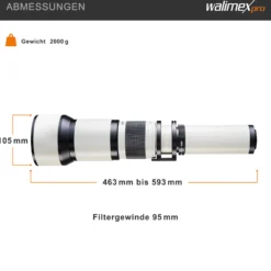 Walimex pro 650-1300mm 1:8-16 CSC Teleobjektiv für T2 - Manueller Fokus, Zoom-Teleobjektiv für Vollformat & APS-C Sensor, Ganzmetallfassung, inkl. Aufbewahrungstasche & Objektivdeckeln