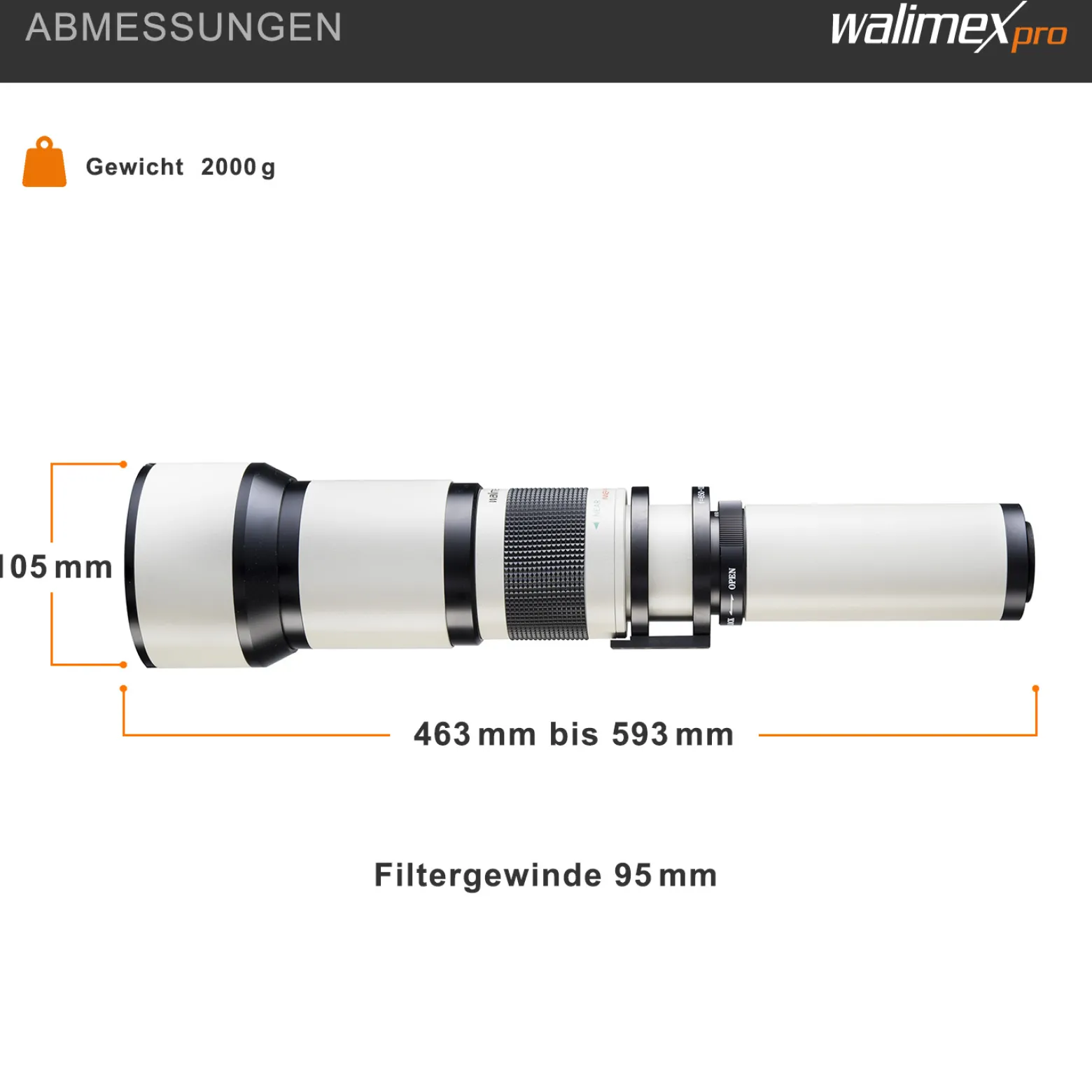 Walimex pro 650-1300mm 1:8-16 CSC Teleobjektiv für T2 - Manueller Fokus, Zoom-Teleobjektiv für Vollformat & APS-C Sensor, Ganzmetallfassung, inkl. Aufbewahrungstasche & Objektivdeckeln