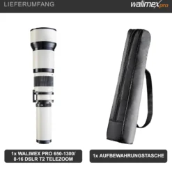 Walimex pro 650-1300mm 1:8-16 CSC Teleobjektiv für T2 - Manueller Fokus, Zoom-Teleobjektiv für Vollformat & APS-C Sensor, Ganzmetallfassung, inkl. Aufbewahrungstasche & Objektivdeckeln
