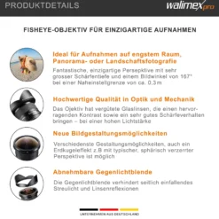 Walimex pro 8 mm Fisheye II Objektiv kompatibel mit Canon EF-S, Fish Eye Kameraobjektiv mit 167° Bildwinkel, Fischaugenobjektiv für APS-C Sensor, Weitwinkelobjektiv mit manueller Scharfeinstellung