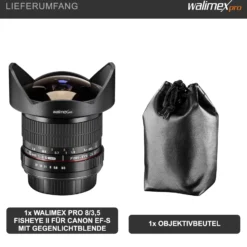 Walimex pro 8 mm Fisheye II Objektiv kompatibel mit Canon EF-S, Fish Eye Kameraobjektiv mit 167° Bildwinkel, Fischaugenobjektiv für APS-C Sensor, Weitwinkelobjektiv mit manueller Scharfeinstellung
