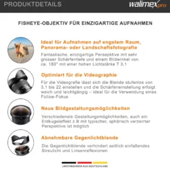 Walimex Pro 12mm 1:3,1 Fish-Eye VCSC für Canon EF Objektivbajonett schwarz (manueller Fokus, für Vollformat Sensor gerechnet, stufenlose Blendeneinstellung, mit abnehmbarer Gegenlichtblende)