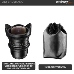 Walimex Pro 12mm 1:3,1 Fish-Eye VCSC für Canon EF Objektivbajonett schwarz (manueller Fokus, für Vollformat Sensor gerechnet, stufenlose Blendeneinstellung, mit abnehmbarer Gegenlichtblende)