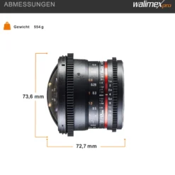 Walimex Pro 12mm 1:3,1 Fish-Eye VCSC für Canon EF Objektivbajonett schwarz (manueller Fokus, für Vollformat Sensor gerechnet, stufenlose Blendeneinstellung, mit abnehmbarer Gegenlichtblende)