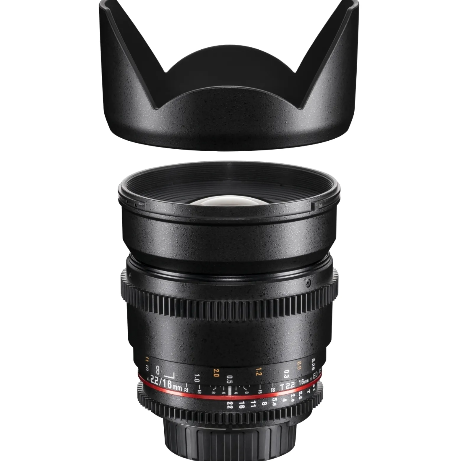 Walimex Pro 16mm 1:2,2 VCSC Video- und Foto Weitwinkelobjektiv (Filtergewinde 77mm, Gegenlichtblende, Zahnkranz, stufenlose Blende und Fokus) kompatibel mit Sony E Objektivbajonett schwarz