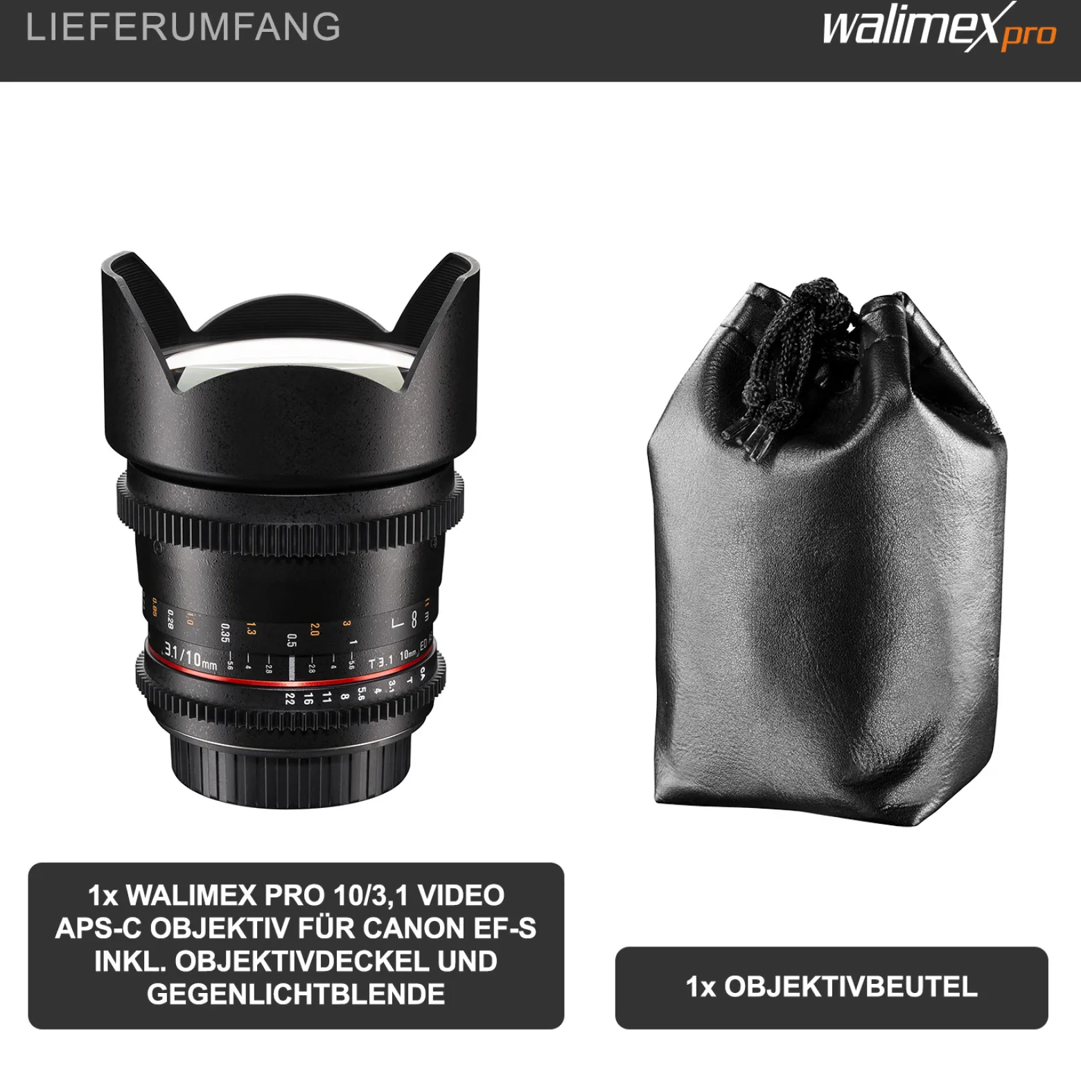 Walimex Pro 10mm 1:3,1 VCSC-Weitwinkelobjektiv (inkl. Gegenlichtblende, IF, Zahnkranz, stufenlose Blende und Fokus) für Canon EF-S Objektivbajonett schwarz