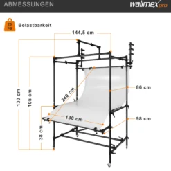 Walimex pro mobiler Aufnahmetisch XXL - Professioneller mobiler Aufnahmetisch für perfekte Produktaufnahmen bis 20 kg - mit variabler Höhe, diffusionsoberfläche, Beleuchtungsgerüst, Hintergrundhaken
