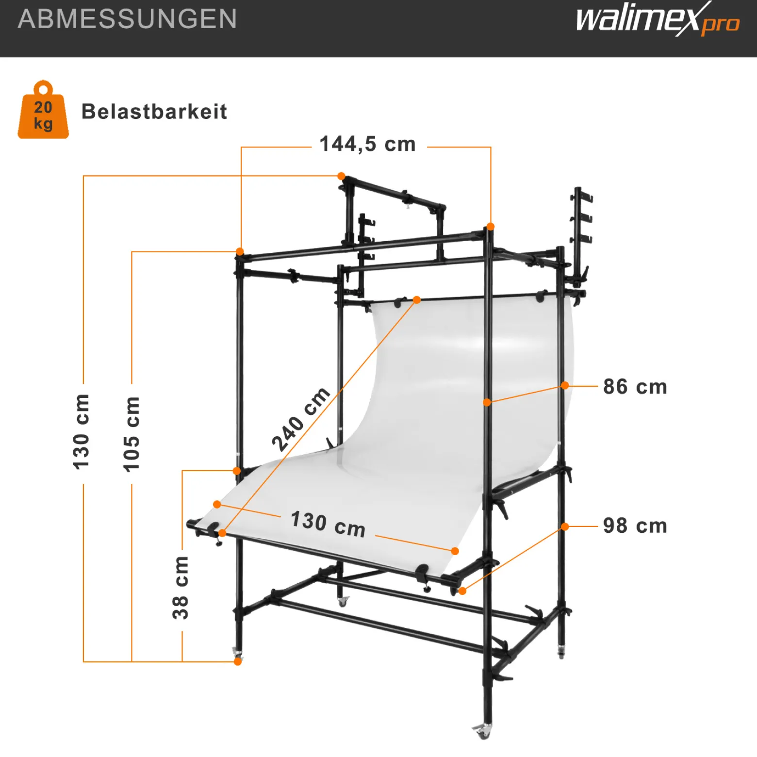 Walimex pro mobiler Aufnahmetisch XXL - Professioneller mobiler Aufnahmetisch für perfekte Produktaufnahmen bis 20 kg - mit variabler Höhe, diffusionsoberfläche, Beleuchtungsgerüst, Hintergrundhaken