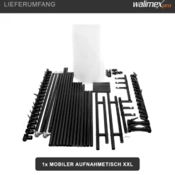 Walimex pro mobiler Aufnahmetisch XXL - Professioneller mobiler Aufnahmetisch für perfekte Produktaufnahmen bis 20 kg - mit variabler Höhe, diffusionsoberfläche, Beleuchtungsgerüst, Hintergrundhaken