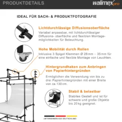 Walimex pro mobiler Aufnahmetisch XXL - Professioneller mobiler Aufnahmetisch für perfekte Produktaufnahmen bis 20 kg - mit variabler Höhe, diffusionsoberfläche, Beleuchtungsgerüst, Hintergrundhaken